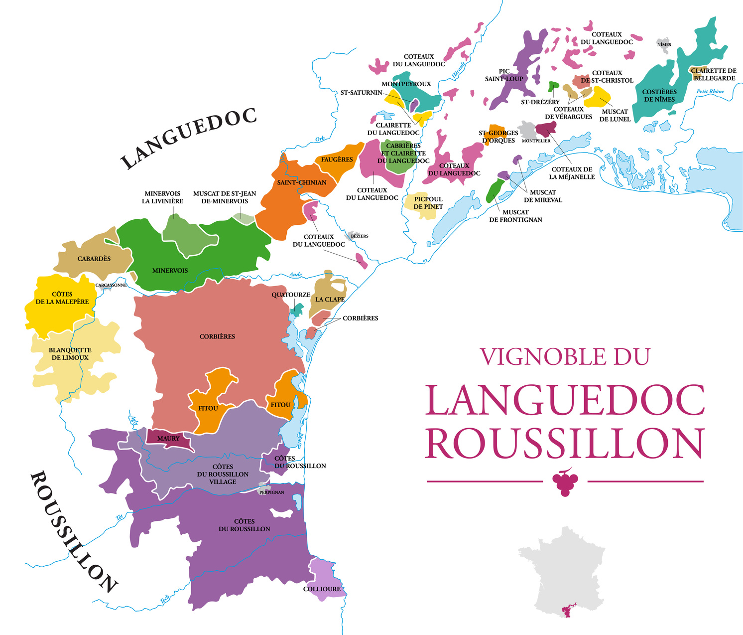 Carte des appellations du Languedoc-Roussillon